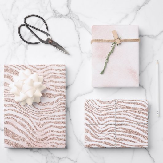 Blush Roze Witte Glitter Zebra Gouden Confetti Inpakpapier Vel (Voorkant)