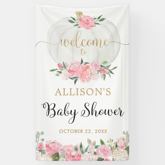 Blush roze witte goudpompoen baby shower achtergro spandoek (Verticaal)