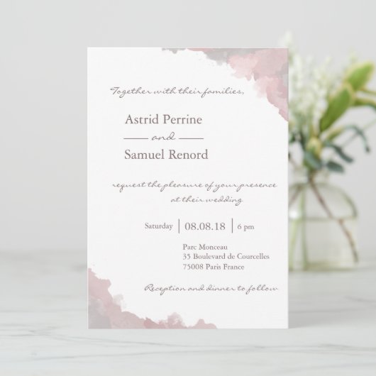 Blush roze witte grijze waterverf elegante bruilof kaart (Staand voorkant)