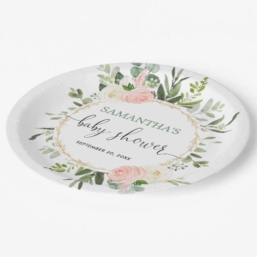 Blush roze witte groene goudflorale elegant papieren bordje (Gekanteld)