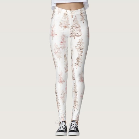 Blush roze witte kerstbomen leggings (Voorkant)