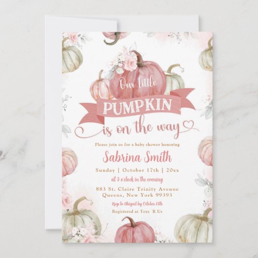 Blush Roze Witte Pompoen Op Weg Baby Shower Kaart (Voorkant)