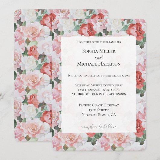 Blush roze witte rode rozen bloemenbruiloft kaart (Voorkant / Achterkant)