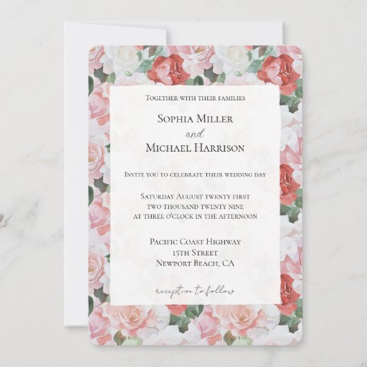 Blush roze witte rode rozen bloemenbruiloft kaart (Voorkant)