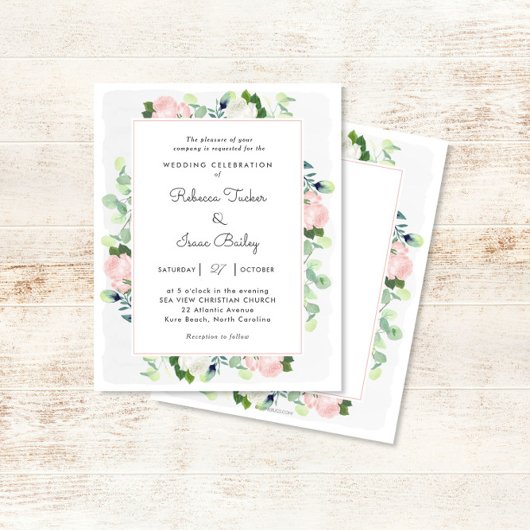 Blush roze witte roses Greenery Wedding Invitation