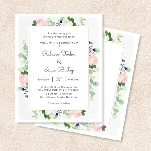 Blush roze witte roses Greenery Wedding Invitation