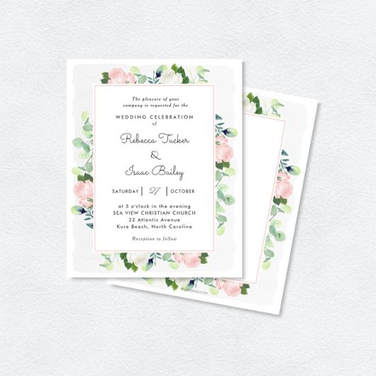 Blush roze witte roses Greenery Wedding Invitation