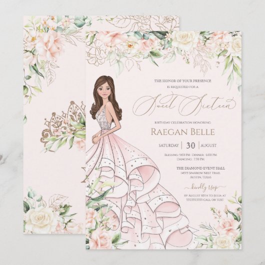 Blush roze witte rozen Luxe Sweet Sixteen uitnodig Kaart (Voorkant / Achterkant)