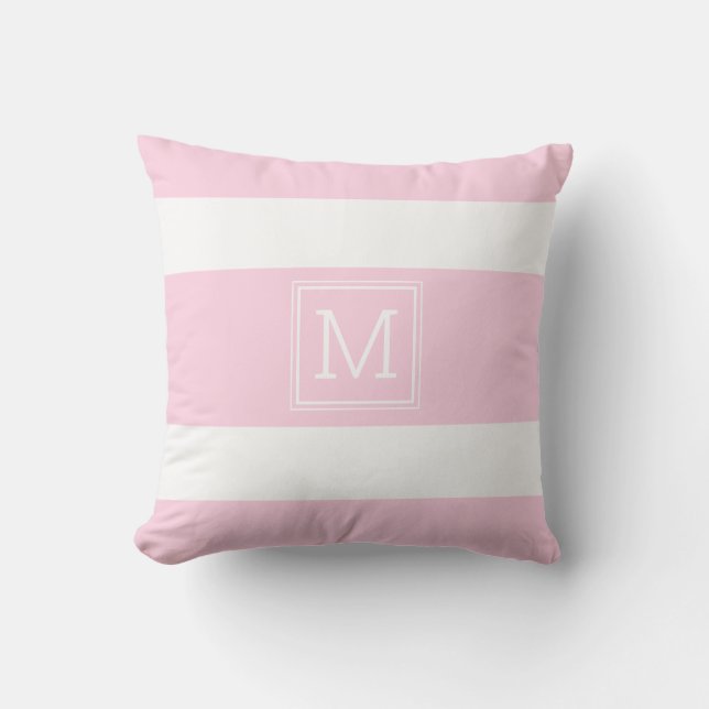 Blush roze, witte strepen Eenvoudig monogram op ma Buitenkussen (Voorkant)