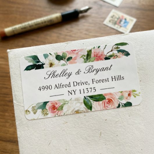 Blush Roze witte Waterverf Floral adres Etiket