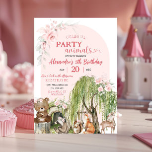 Blush Roze Woodland Party Dieren Meisje Verjaardag Kaart