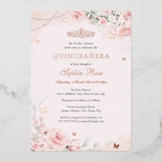 Blush Roze Zachte Rozen Vlinder Quinceanera 15e Folie Uitnodiging (Voorkant)