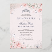 Blush Roze Zachte Rozen Vlinder Zilver Quinceanera Folie Uitnodiging (Voorkant)