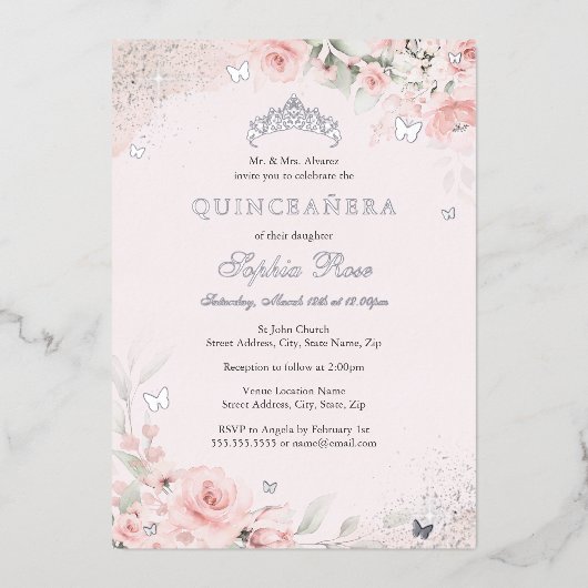Blush Roze Zachte Rozen Vlinder Zilver Quinceanera Folie Uitnodiging (Voorkant)