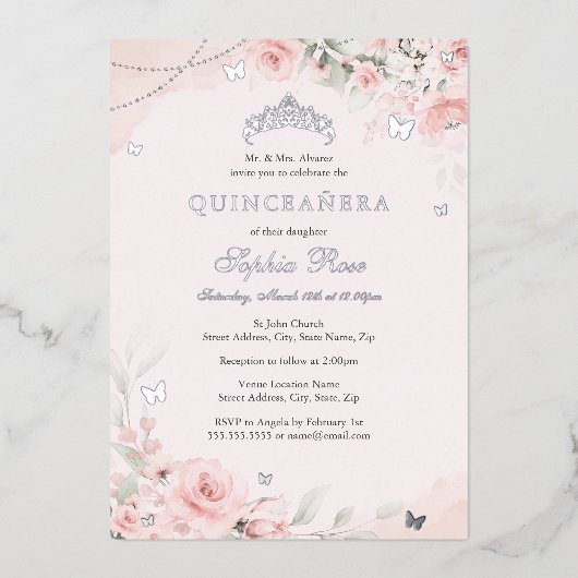 Blush Roze Zachte Rozen Vlinder Zilver Quinceanera Folie Uitnodiging (Voorkant)