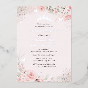 Blush Roze Zachte Rozen Vlinder Zilver Quinceanera Folie Uitnodiging