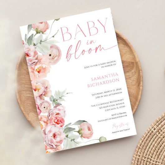Blush roze zachte waterverven baby in bloeidouche kaart