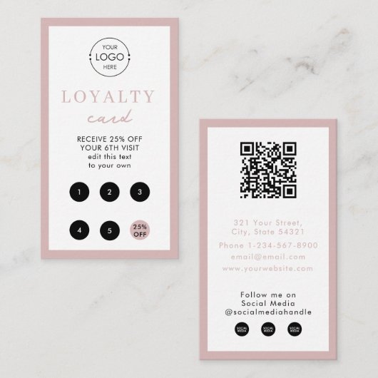 Blush Roze zakelijke Logo QR-code Loyalty Visitekaartje (Voorkant / Achterkant)