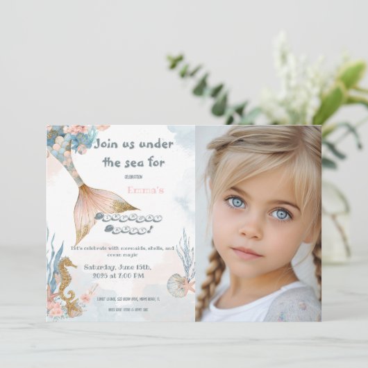 Blush roze zeemeermin staart verjaardag kaart (Staand voorkant)