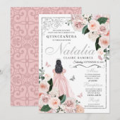 Blush Roze Zilver Bloemen Prinses Quinceanera Kaart (Voorkant / Achterkant)