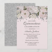  Blush Roze Zilver Bloemen Quinceanera Kaart (Voorkant / Achterkant)