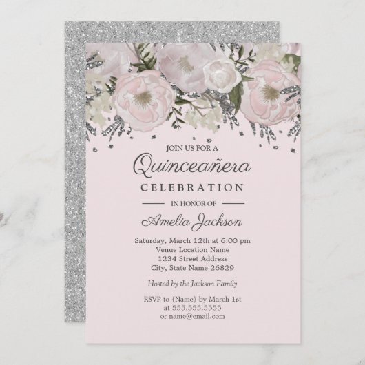 Blush Roze Zilver Bloemen Quinceanera Kaart (Voorkant / Achterkant)