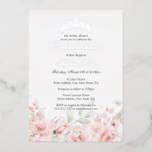 Blush Roze Zilver Bloemen Tiara Quinceanera Folie Uitnodiging (Voorkant)