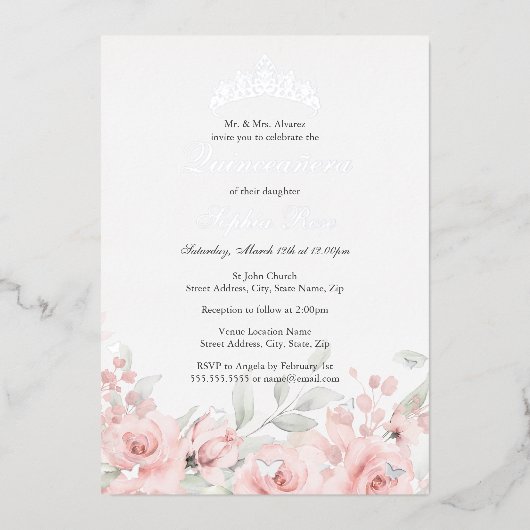 Blush Roze Zilver Bloemen Tiara Quinceanera Folie Uitnodiging (Voorkant)