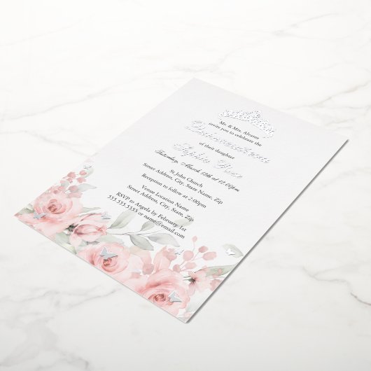 Blush Roze Zilver Bloemen Tiara Quinceanera Folie Uitnodiging (Gedraaid)