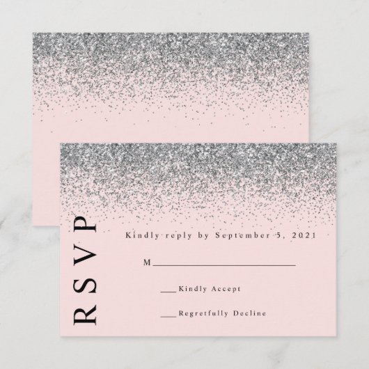 Blush Roze & Zilver Glitter Bruiloft RSVP Kaart (Voorkant / Achterkant)