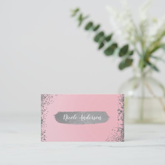  Blush roze zilver Glitter Glam Modern Chic Visitekaartje (Staand voorkant)