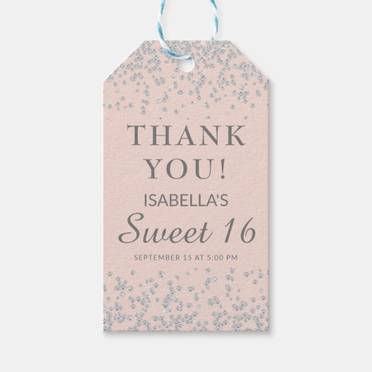 Blush Roze Zilver Glitter Sweet 16 Bedankt Cadeaulabel (Voorkant)