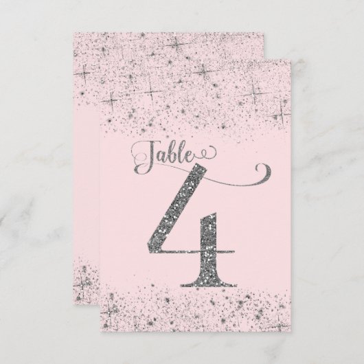 Blush Roze Zilver Glitter Tafelkaartjes Nummer 4 Kaart (Voorkant / Achterkant)
