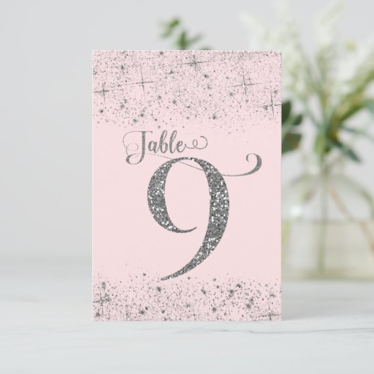 Blush Roze Zilver Glitter Tafelkaartjes Nummer 9 Kaart (Staand voorkant)