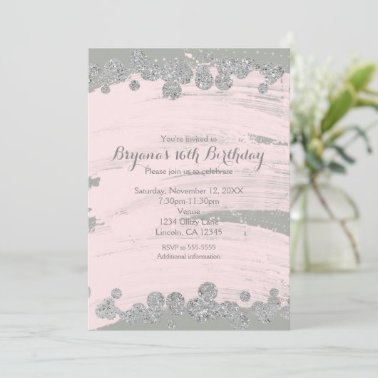 Blush Roze Zilver & Grijs Sparkle Stippen Glam Par Kaart (Staand voorkant)