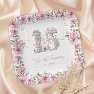 Blush Roze Zilver Mis Quince Quinceañera  Papieren Bordje