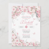 Blush Roze Zilver Roos Vlinder Flora Quinceanera Kaart (Voorkant)