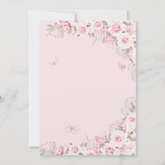 Blush Roze Zilver Roos Vlinder Flora Quinceanera Kaart (Achterkant)