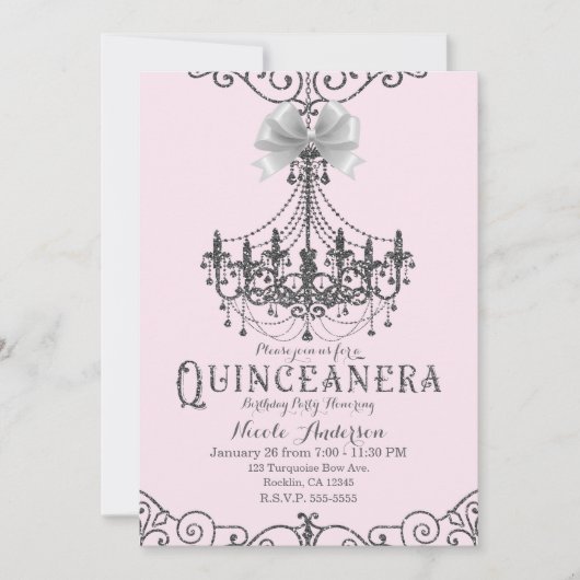 Blush Roze Zilver Wit Boog Quinceañera 15 15e Kaart (Voorkant)