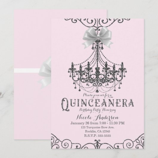 Blush Roze Zilver Wit Boog Quinceañera 15 15e Kaart (Voorkant / Achterkant)