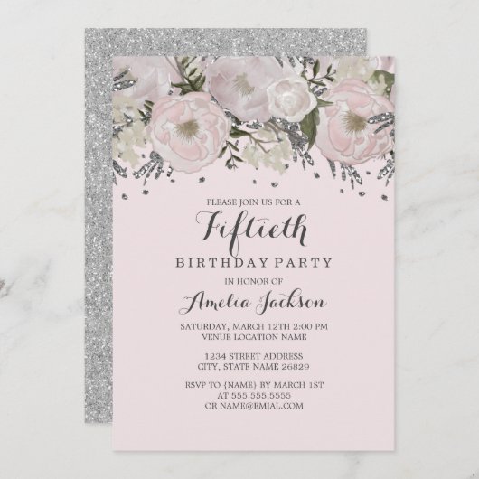 Blush Roze Zilveren Bloem 50ste Verjaardag Kaart (Voorkant / Achterkant)