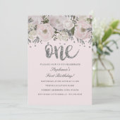 Blush roze zilveren bloem Bloemen Een eerste verja Kaart (Staand voorkant)