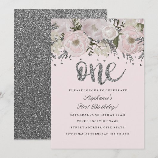 Blush roze zilveren bloem Bloemen Een eerste verja Kaart (Voorkant / Achterkant)