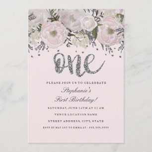 Blush roze zilveren bloem Bloemen Een eerste verja Kaart