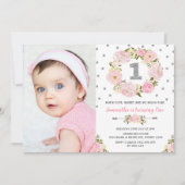 Blush roze zilveren bloem eerste 1e verjaardag Uit Kaart (Voorkant)