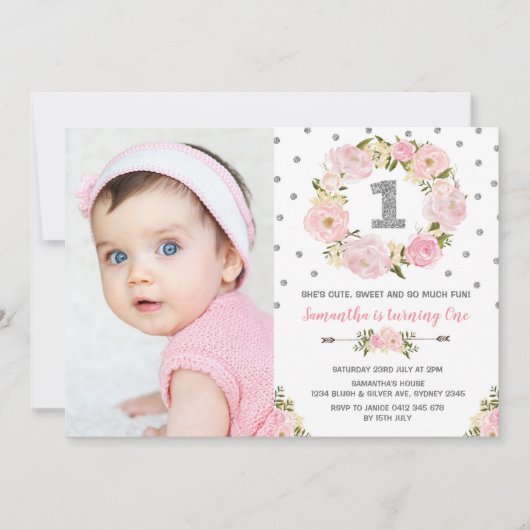 Blush roze zilveren bloem eerste 1e verjaardag Uit Kaart (Voorkant)