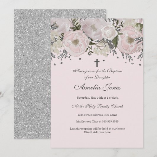 Blush Roze Zilveren Bloemen Doop Kaart (Voorkant / Achterkant)