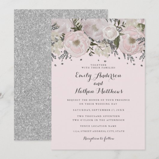  Blush Roze Zilveren Bloemen Huwelijksuitnodiging Kaart (Voorkant / Achterkant)