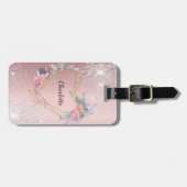 Blush roze zilveren bloemennaam bagagelabel (Voorkant horizontaal)