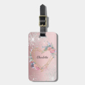 Blush roze zilveren bloemennaam bagagelabel (Voorkant verticaal)